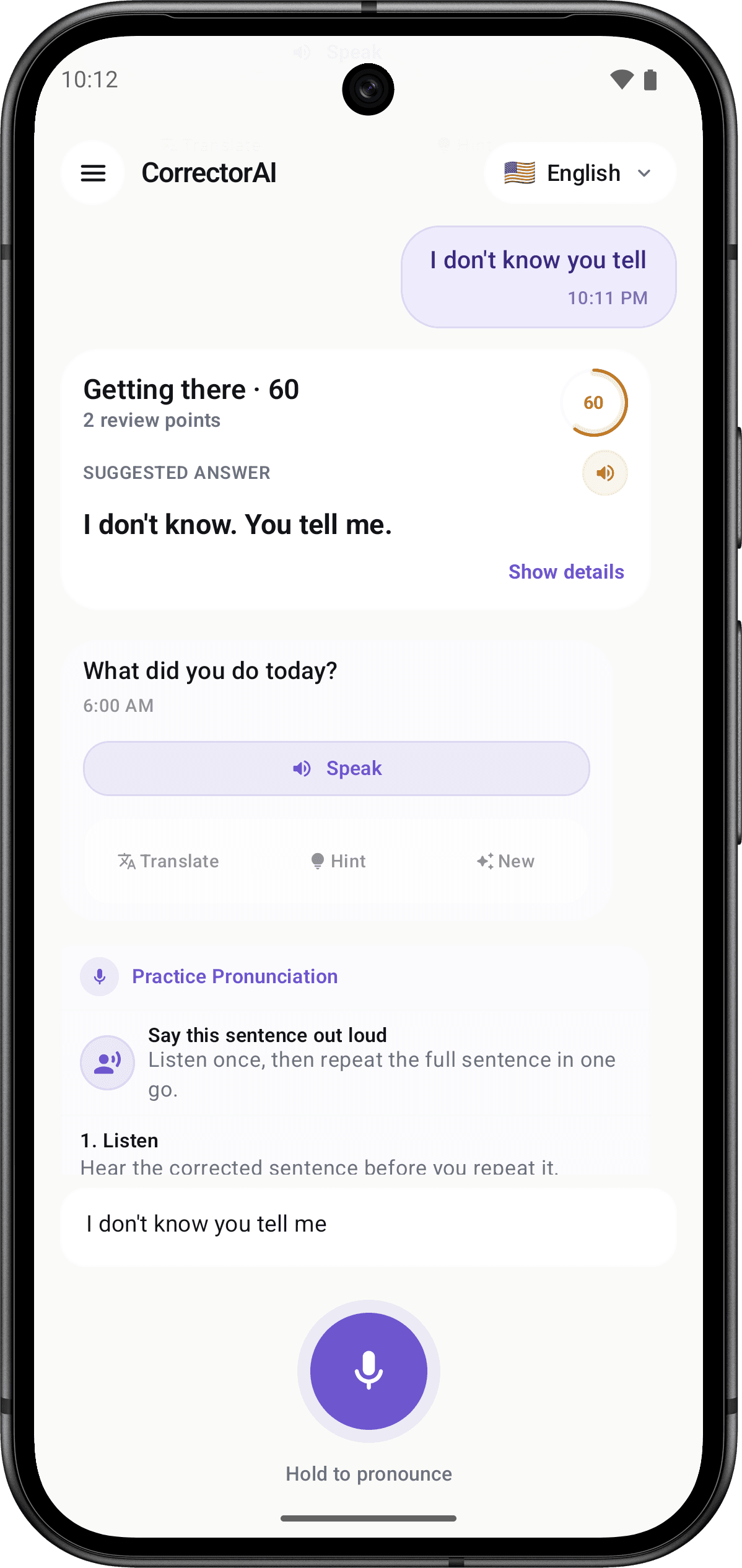 CorrectorAi hint and retry screen